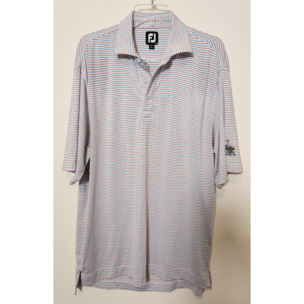 Foot Joy FJ Golf Polo Shirt Red Blue White Stripe Large Embroidered Short Sleeve
